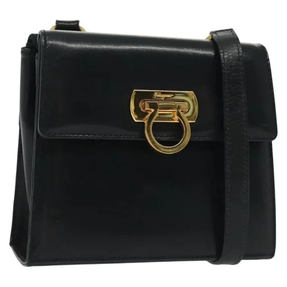 Salvatore Ferragamo Gancini Shoulder Bag Leather Suede Navy Gold Auth - Picture 2 of 16